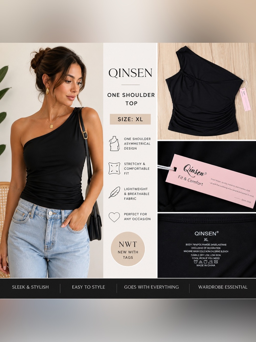 QINSEN XL Black One Shoulder Asymmetrical Fit & Comfort Top NWT